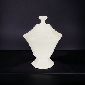 Vintage Anchor Hocking Milk Glass Pedestal Candy Dish with Lid Leaves and Grapes